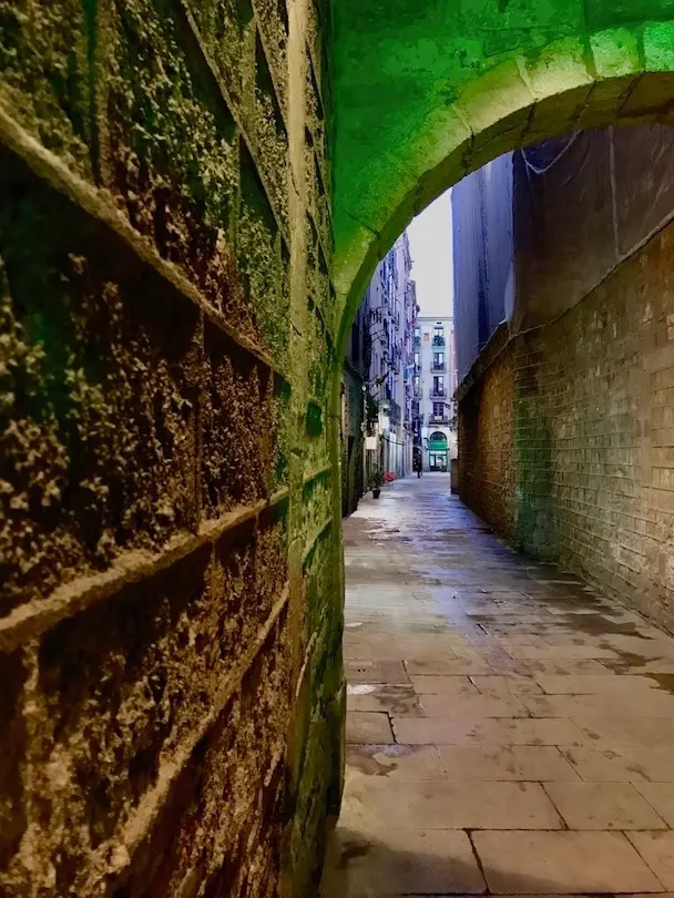 An empty back alley in the old town of Barcelona while the sun is setting.