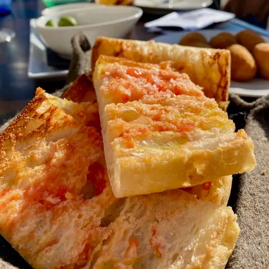 A crispy white bread with tomato and olive oil on top