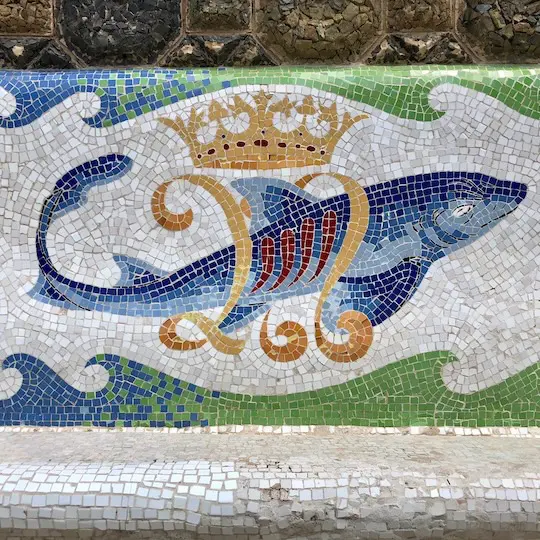 Barcelona Private Tour Gaudi Torre Bellesguard 38 An artistic fish made our of a mosaic of tiles.